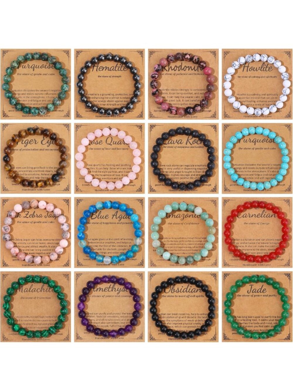 16 PCS Natural Stone Healing Crystal Bracelets for Men & Women - 8mm Beaded